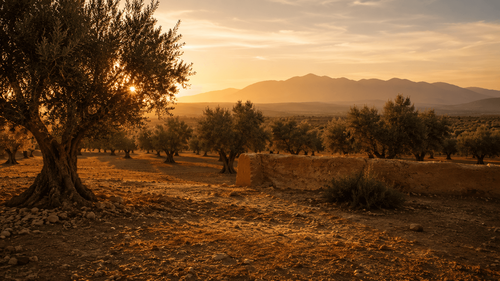 Oliveraie marocaine avec l'Atlas en arrière-plan au coucher du soleil