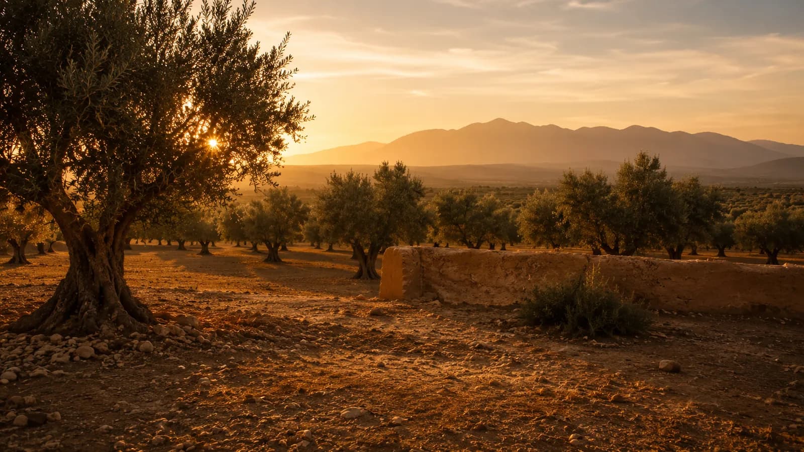 Oliveraie marocaine avec l'Atlas en arrière-plan au coucher du soleil