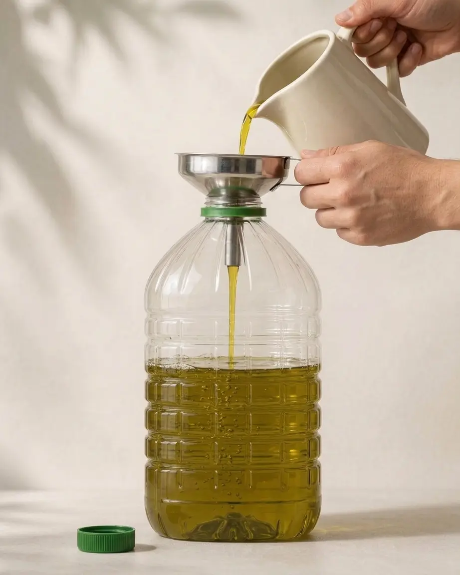 Filling a 5-litre bidon with extra virgin olive oil through a funnel